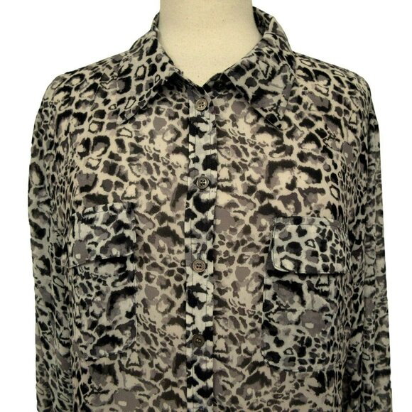 Two by Vince Camuto Cheetah Print Hi-Low Semi Sheer Long Sleeve Blouse Sz Large - Picture 2 of 7